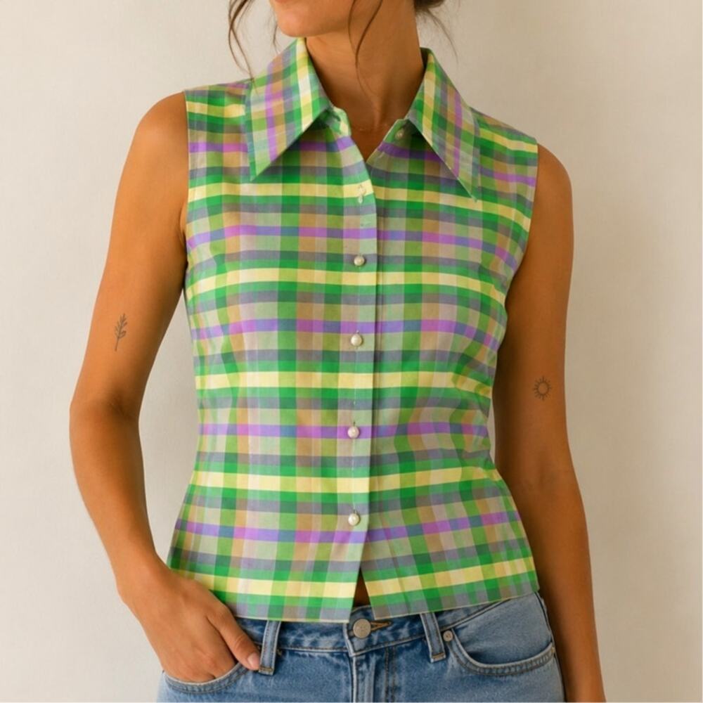 Vintage Y2K 100% Silk Plaid Sleeveless Button-Up Blouse Green Lavender Size M